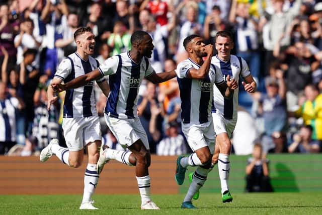 West Bromwich Albion's Darnell Furlong (second right) celebrates scoring his sides third goal during the Sky Bet Championship match at The Hawthorns, West Bromwich. David Davies/PA Wire.