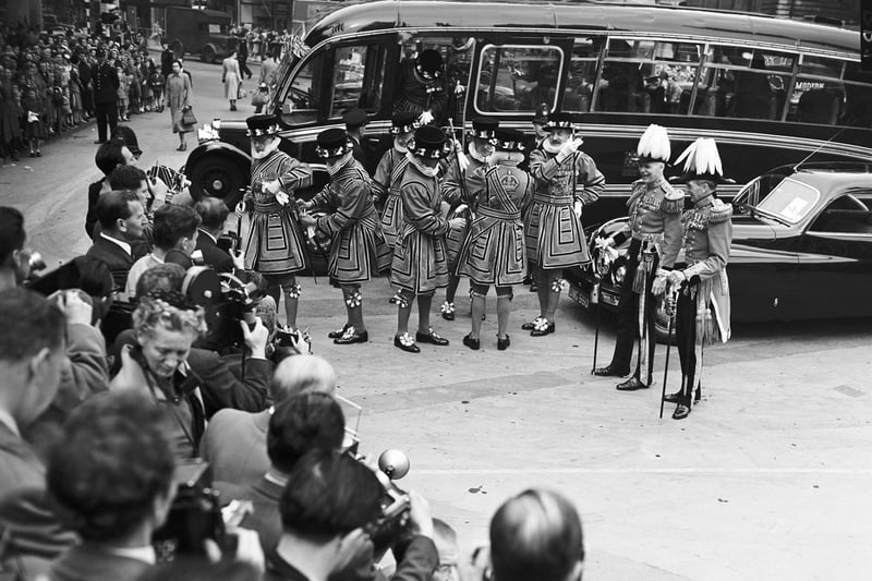 A group of Yeoman Warders during a rehearsal in London for the coronation of Queen Elizabeth II on May 29, 1953.