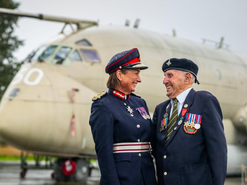 Pictured Jo Ropner, The Lord Lieutenant of North Yorkshire, shares a joke with York's last surviving Normandy veteran Ken Cooke, aged 101, who served with 7th Battalion the Green Howards and landed on Gold Beach, June 6, 1944. Picture: James Hardisty. Date: 6th September 2026.
