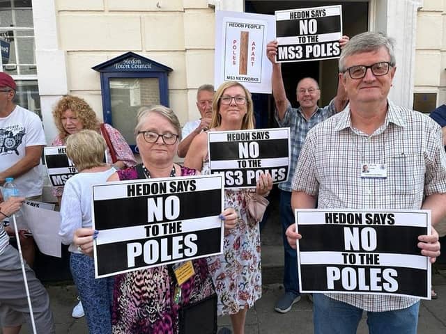 Protesters gathered outside Hedon Town Hall, in St Augustine\'s Gate, protesting against MS3 installing broadband telegraph poles on Thursday, September 7.