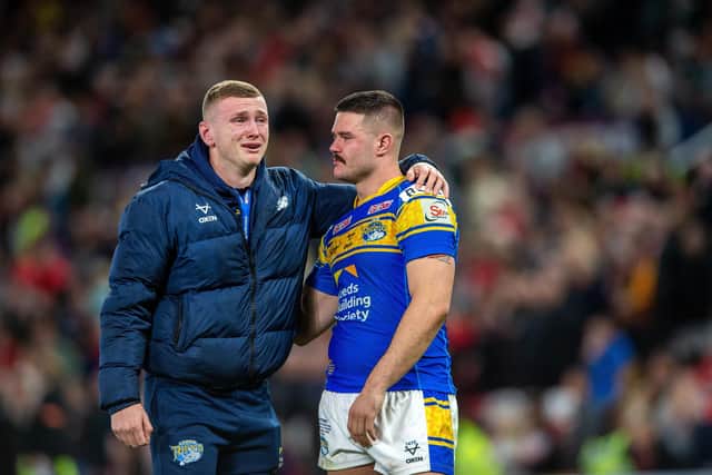 Harry Newman, left, was disconsolate in the aftermath of Leeds Rhinos' Grand Final defeat by St Helens. (Photo: Bruce Rollinson)