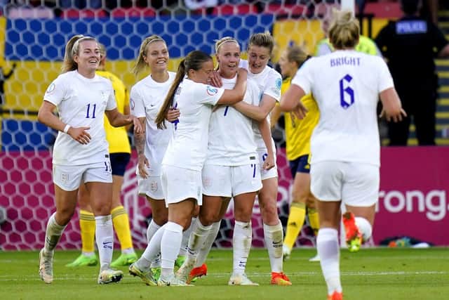 England's Beth Mead (centre) celebrates with her team-mates after scoring their side's first goal against Sweden in the UEFA Women's Euro 2022 semi-final at Bramall Lane Picture: Danny Lawson/PA.