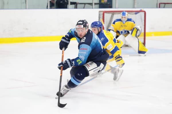 BACK IN THE GAME: Jordan Buesa, seen in action for Sheffield Steeldogs against Leeds Knights last season. He plays for the Knights against his former club on Tuesday night at Ice Sheffield. Picture courtesy of Peter Best/Steeldogs Media.