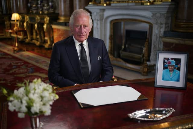 King Charles III delivers his address to the nation and the Commonwealth from Buckingham Palace. PIC: Yui Mok/PA Wire