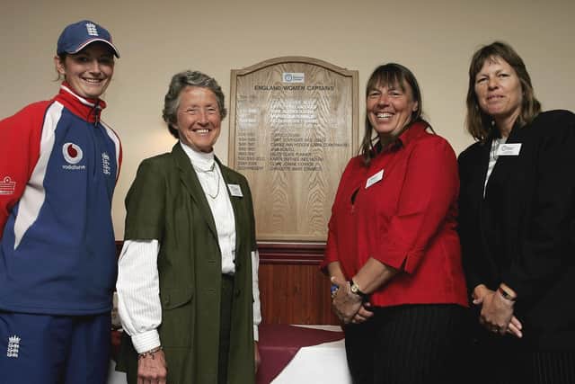 Jane Powell, second from right, pictured at Taunton in 2006 alongside fellow former England captains Rachael Heyhoe Flint, second from left, and Janet Southgate, end right, along with the then England captain Charlotte Edwards, first left. Photo by Richard Heathcote/Getty Images.