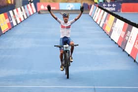 MUNICH, GERMANY - AUGUST 19: Thomas Pidcock of Great Britain crosses the finish line to win the Men's Cross-Country during the cycling Mountain Bike competition on day 9 of the European Championships Munich 2022 at Olympiapark on August 19, 2022 in Munich, Germany. (Photo by Alexander Hassenstein/Getty Images)