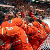 TREBLE TOP: Kevin Tansey (centre) leads the Sheffield Steelers' celebrations after completing the grand slam at last weekend's Elite League play-offs. Picture: James Assinder/EIHL Media.