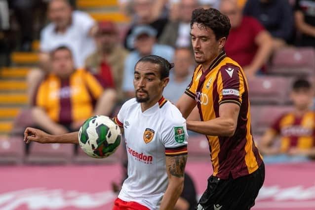 Randell Williams holds off Alex Gilliead during Hull City's Carabao Cup tie at Bradford City in August. Picture: Bruce Rollinson