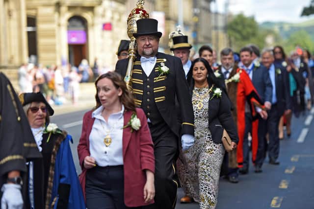 Mayors, civic dignitaries and mace bearers from across Yorkshire parade through Keighley, West Yorkshire, as the town officially hosts the annual Yorkshire Day celebrations on 1 August 2022. Each year a different town or city is chosen for the honour. The parade ended at Keighley parish church where a service was held. Photo by Guzelian.