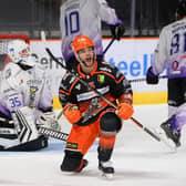 Captain marvel Robert Dowd celebrates scoring Sheffield Steelers' equaliser against Manchester Storm before the floodgates opened (Picture: Dean Woolley).