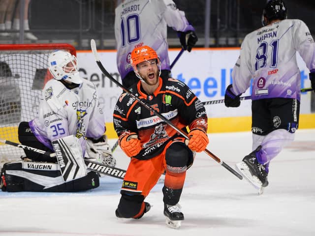 Captain marvel Robert Dowd celebrates scoring Sheffield Steelers' equaliser against Manchester Storm before the floodgates opened (Picture: Dean Woolley).