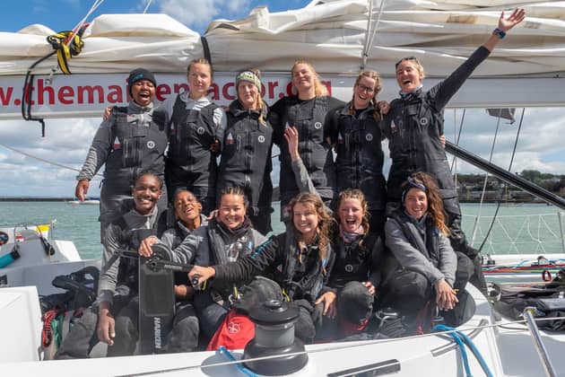 A 13-strong crew, made up of international sailors, five of them Britons and skippered by Heather Thomas, from Otley, West Yorkshire, completed the Ocean Globe Race aboard their yacht. Photo credit: Kaia Bint Savage/The Maiden Factor/PA Wire
