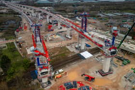 HS2 Water Orton 1 and 2 erections over the Birmingham to Nuneaton line. Credit: HS2 Ltd.