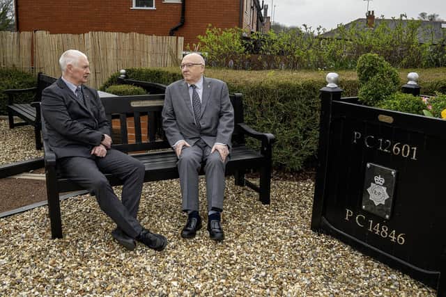 Bryn Hughes and Paul Bone (right), the fathers of murdered Pcs Nicola Hughes and Fiona Bone, at the Hyde police station memorial garden, in Manchester, for the announcement of the Elizabeth Emblem, a medal for families of emergency workers killed in the line of duty. Pcs Nicola Bone and Fiona Hughes were killed in gun and grenade ambush while on duty in Tameside, Greater Manchester in 2012. Photo credit: Peter Byrne/PA Wire