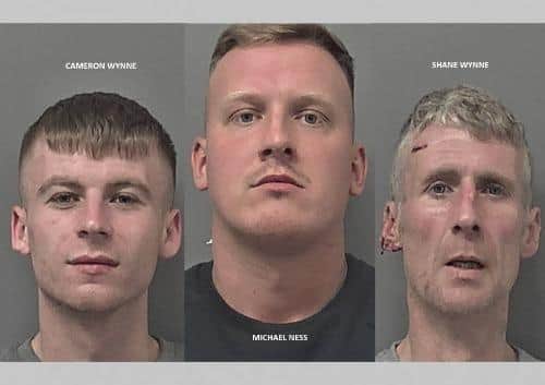 Michael Ness, 25, Cameron Wynne, 20, and Shane Wynne, 45, were jailed after driving a car through a cabin at a Yorkshire holiday park. Photo: Humberside Police