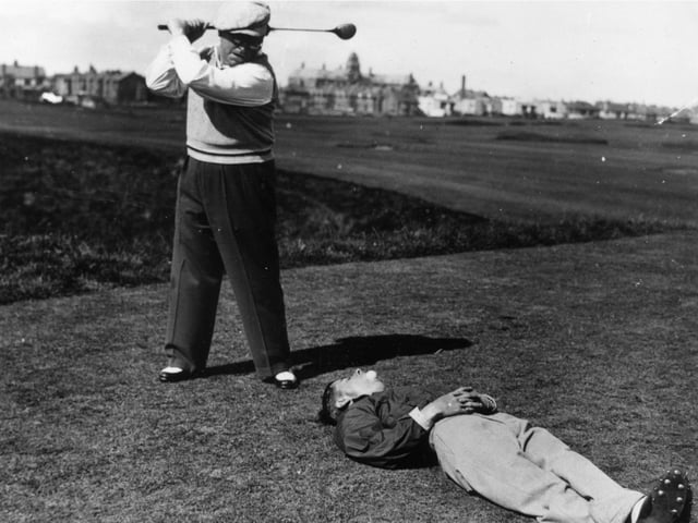Yorkshire comedians Douglas Wakefield and Sandy Powell messing about on a golf course in September 1938.