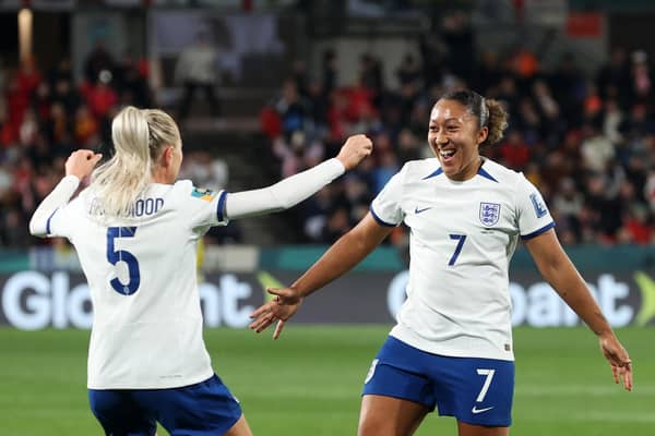 Lauren James of England celebrates with team-mates after scoring her team's third goal in the 6-1 win over China in the World Cup (Picture: Sarah Reed/Getty Images)