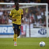 NORTHAMPTON, ENGLAND - AUGUST 27: Joseph Olowu of Arsenal U21 in action during the Leasing.com Trophy match between Northampton Town and Arsenal U21 at PTS Academy Stadium on August 27, 2019 in Northampton, England. (Photo by Pete Norton/Getty Images)