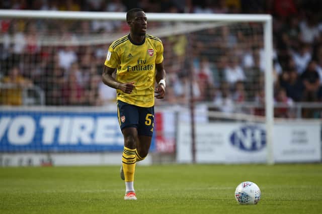 NORTHAMPTON, ENGLAND - AUGUST 27: Joseph Olowu of Arsenal U21 in action during the Leasing.com Trophy match between Northampton Town and Arsenal U21 at PTS Academy Stadium on August 27, 2019 in Northampton, England. (Photo by Pete Norton/Getty Images)