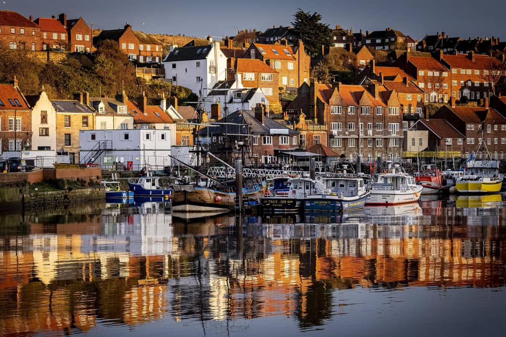 Whitby harbour at sunset.