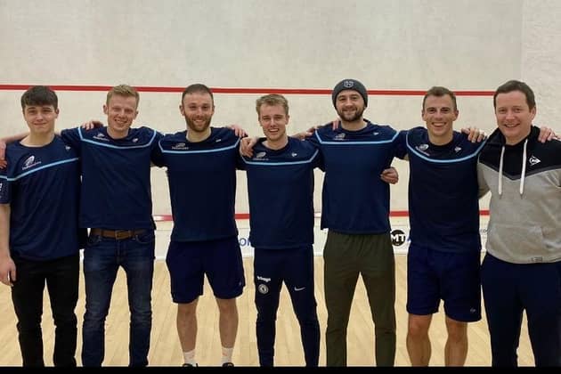 Nick Matthew, second right, and the new Yorkshire Premier League Squash champions Hallamshire.