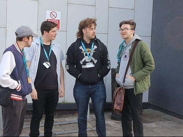 A still from the film featuring the primary cast. From left to right Aidan Mitchell, Leon Cole, Thomas Dawes and Harry Lee.