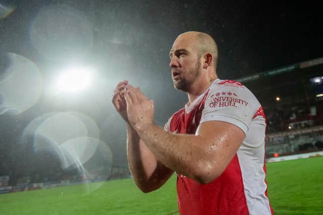 Wary: Hull KR's George King thanks the fans for their support after victory over Leeds but is already thinking about reuniting with Tony Smith (Picture: SWPix.com)