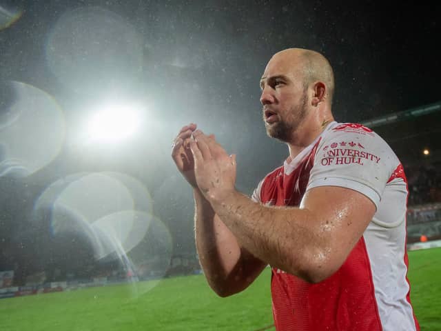 Wary: Hull KR's George King thanks the fans for their support after victory over Leeds but is already thinking about reuniting with Tony Smith (Picture: SWPix.com)