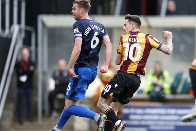 Bradford City's Jamie Walker scores their side's first goal of the game during the Sky Bet League Two play-off semi-final first leg match at the University of Bradford Stadium, Bradford. Picture date: Sunday May 14, 2023. PA Photo. See PA story SOCCER Bradford. Photo credit should read: Richard Sellers/PA Wire.

RESTRICTIONS: EDITORIAL USE ONLY No use with unauthorised audio, video, data, fixture lists, club/league logos or "live" services. Online in-match use limited to 120 images, no video emulation. No use in betting, games or single club/league/player publications.