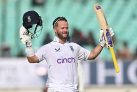 Take a bow: Ben Duckett celebrates a brilliant century on day two of the third Test in Rajkot. Photo by Gareth Copley/Getty Images.