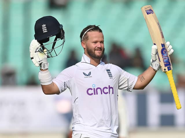 Take a bow: Ben Duckett celebrates a brilliant century on day two of the third Test in Rajkot. Photo by Gareth Copley/Getty Images.