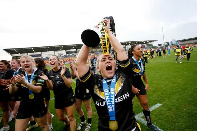 York Valkyrie's Sinead Peach celebrates with the Betfred Women’s Super League trophy in a year in which she was also named Woman of Steel (Picture: Ed Sykes/SWpix.com)