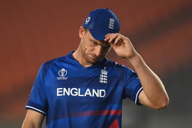 Jos Buttler of England cuts a dejected figure following the ICC Men's Cricket World Cup India 2023 between England and Australia at Narendra Modi Stadium on November 4 (Picture: Gareth Copley/Getty Images)