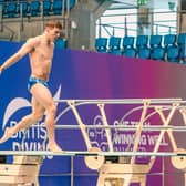 Springing back into action: Ross Haslam at his home pool of Ponds Forge competing and winning the 1m springboard event at the British Championships (Picture: British Swimming/Ben Tillett Photography)