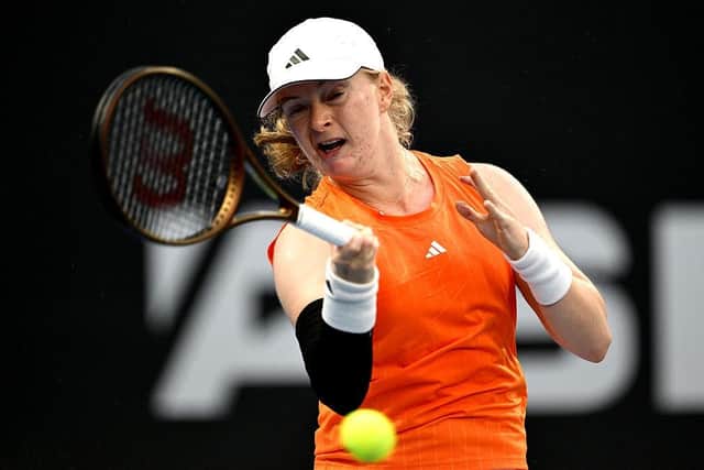 Francesca Jones of Great Britain plays a forehand during a first round victory against Emma Navarro of USA during day one of the 2025 ASB Classic at ASB Tennis Centre on January 5 (Picture: Hannah Peters/Getty Images)