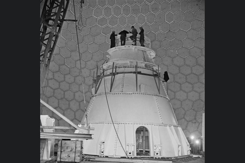 The interior of a geodesic dome (radome) under construction at RAF Fylingdales on October 4, 1962.