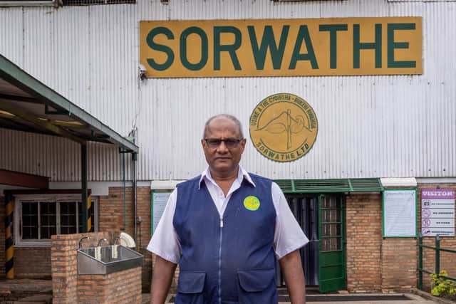 Rohith Peiris outside the Sorwathe Ltd tea factory in Rwanda. Picture: Paul Broadie.