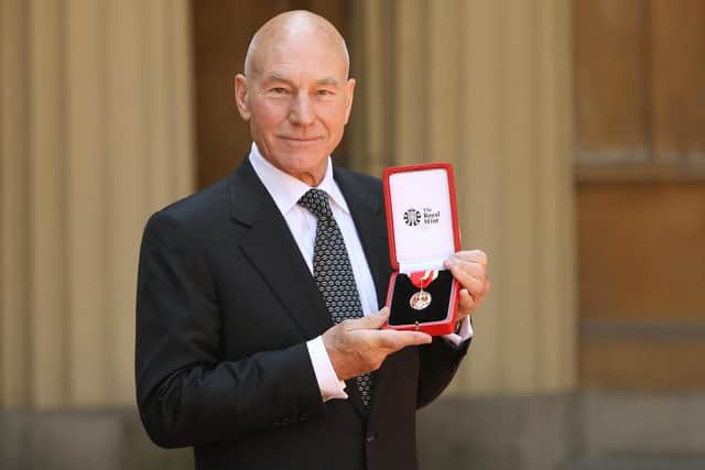 Sir Patrick Stewart after he was knighted by Britain's Queen Elizabeth II at Buckingham Palace, London. PIC: Dominic Lipinski/Press Association