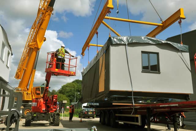 A modular building made by Ilke Homes at Flaxby near Knaresborough has a trial lift onto a lorry at the factory