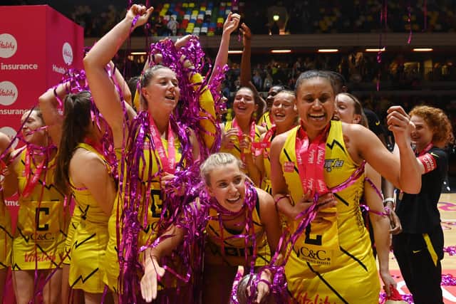 Millie Sanders, centre, celebrates winning the Netball Superleague Grand Final with Manchester Thunder last season (Picture: Alex Broadway/Getty Images for England Netball)