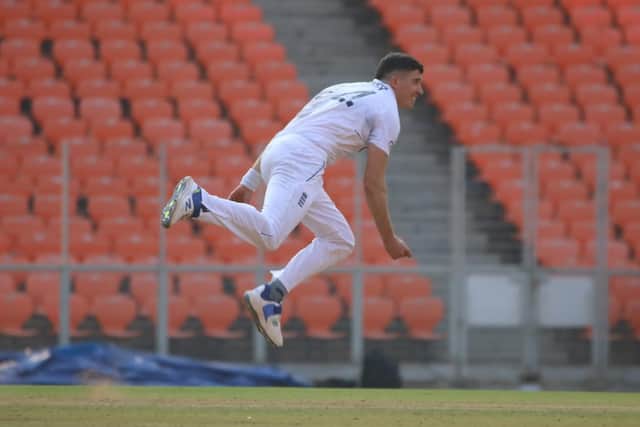 Matthew Fisher in full flow for England Lions against India A in Ahmedabad. (Picture: ECB)