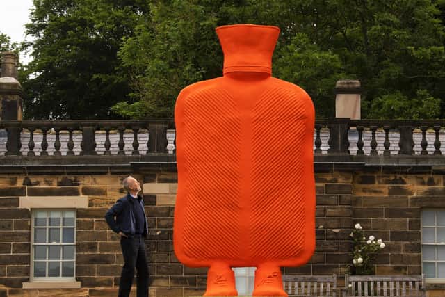 Exhibition of the work of acclaimed Austrian artist Erwin Wurm: Trap of the Truth, Yorkshire Sculpture Park, Wakefield. Erwin Wurm is pictured by his sculpture Big Mutter.   Picture: Simon Hulme