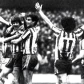 Ian Mellor being congratulated by Mark Smith, Terry Curran and Jeff Johnson after giving Sheffield Wednesday a 1-0 lead against the Blades on Boxing Day 1979