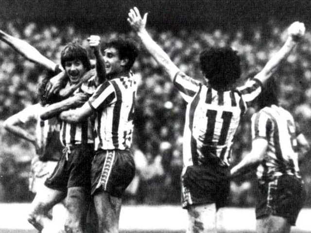 Ian Mellor being congratulated by Mark Smith, Terry Curran and Jeff Johnson after giving Sheffield Wednesday a 1-0 lead against the Blades on Boxing Day 1979