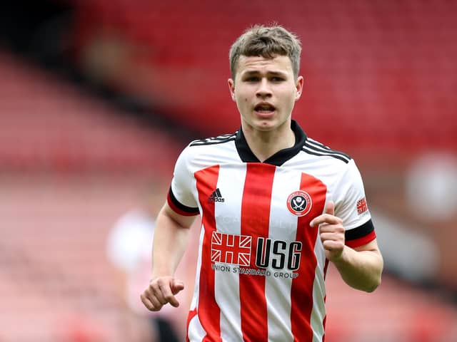 SHEFFIELD, ENGLAND - MAY 24: Zak Brunt of Sheffield United looks on during the Premier Development League Play Off Final match between Sheffield United U23 and Birmingham City U23 at Bramall Lane on May 24, 2021 in Sheffield, England. (Photo by George Wood/Getty Images)
