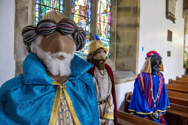 Creations in St Mary's Church for Kettlewell Scarecrow Festival.