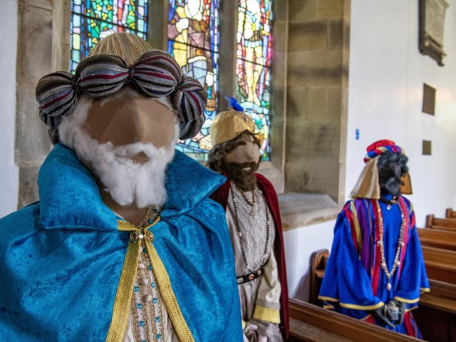 Creations in St Mary's Church for Kettlewell Scarecrow Festival.
