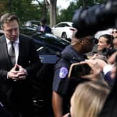Elon Musk, CEO of Tesla and X, speaks to reporters as he leaves the “AI Insight Forum” at the Russell Senate Office Building on Capitol Hill on September 13, 2023 in Washington, DC. (Photo by Nathan Howard/Getty Images)