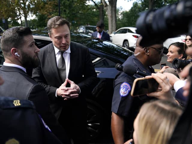 Elon Musk, CEO of Tesla and X, speaks to reporters as he leaves the “AI Insight Forum” at the Russell Senate Office Building on Capitol Hill on September 13, 2023 in Washington, DC. (Photo by Nathan Howard/Getty Images)