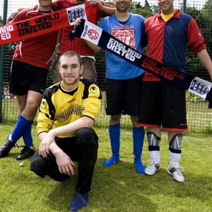 Football players at the annual Sheffield ‘All Nations Football Tournament’, back the bid for Sheffield to host World Cup games. 